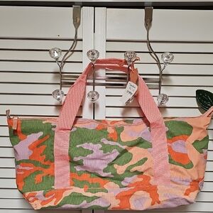 NWT Neiman Marcus Canvas Peach Camouflage Tote Bag W Matching Comsetic Bag